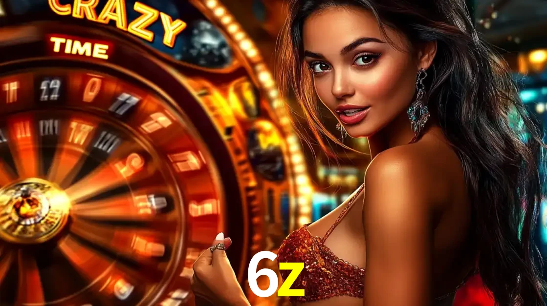 Mulher ao lado da roda de prêmios do jogo de cassino ao vivo Crazy Time, um dos shows de jogos mais emocionantes oferecidos pela plataforma de apostas 6z.