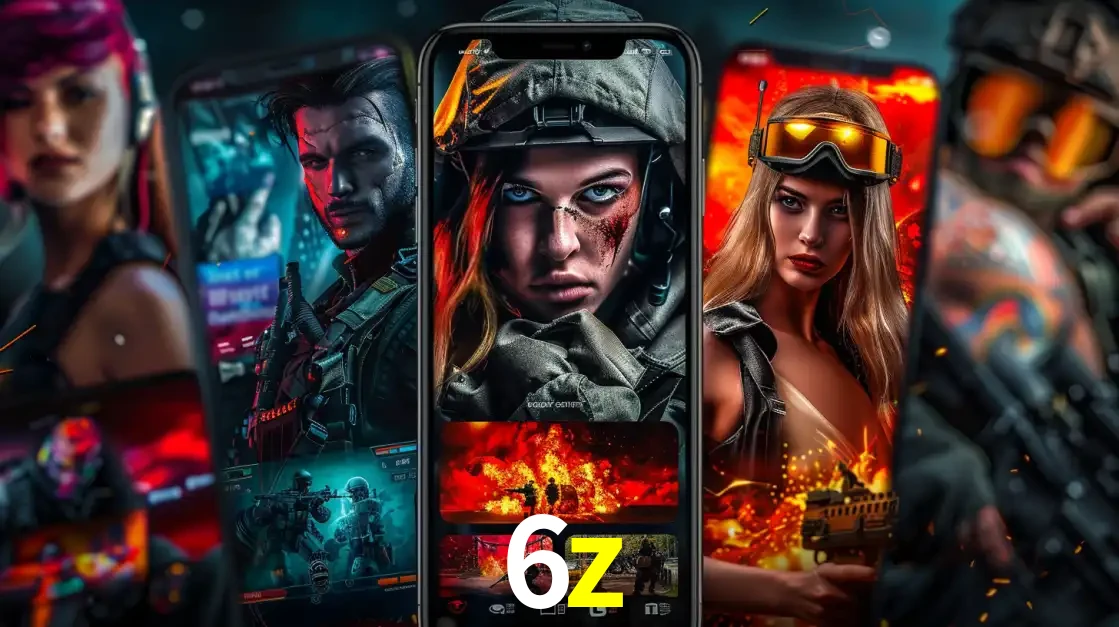 Montagem de telas de celular mostrando diversos personagens, masculinos e femininos, de um jogo de tiro, ilustrando a diversidade de equipes de e-sports para apostar no 6z.