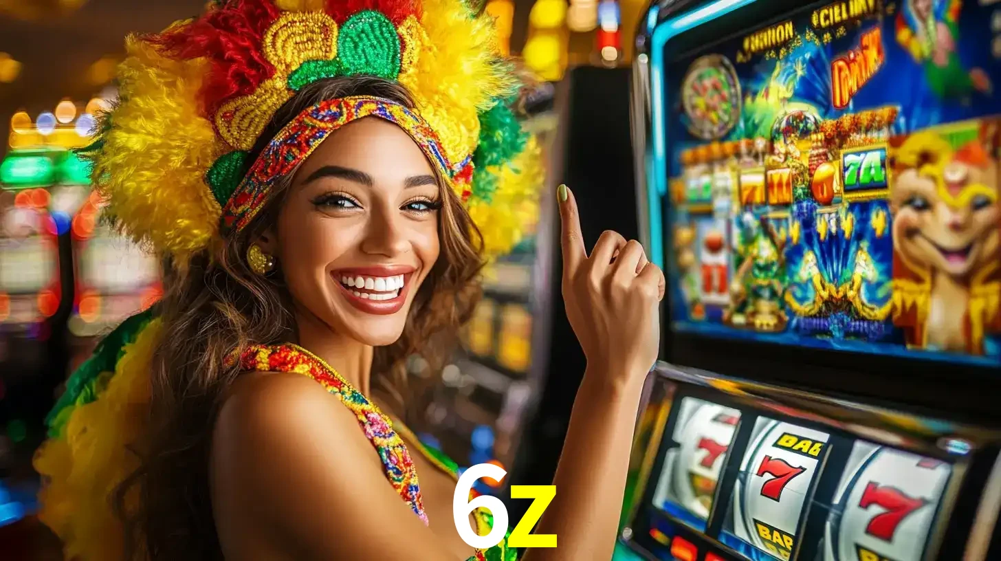 Mulher animada com um cocar de carnaval apontando para uma máquina de caça-níqueis, mostrando a emoção de ganhar um grande prêmio nos jogos do 6z.