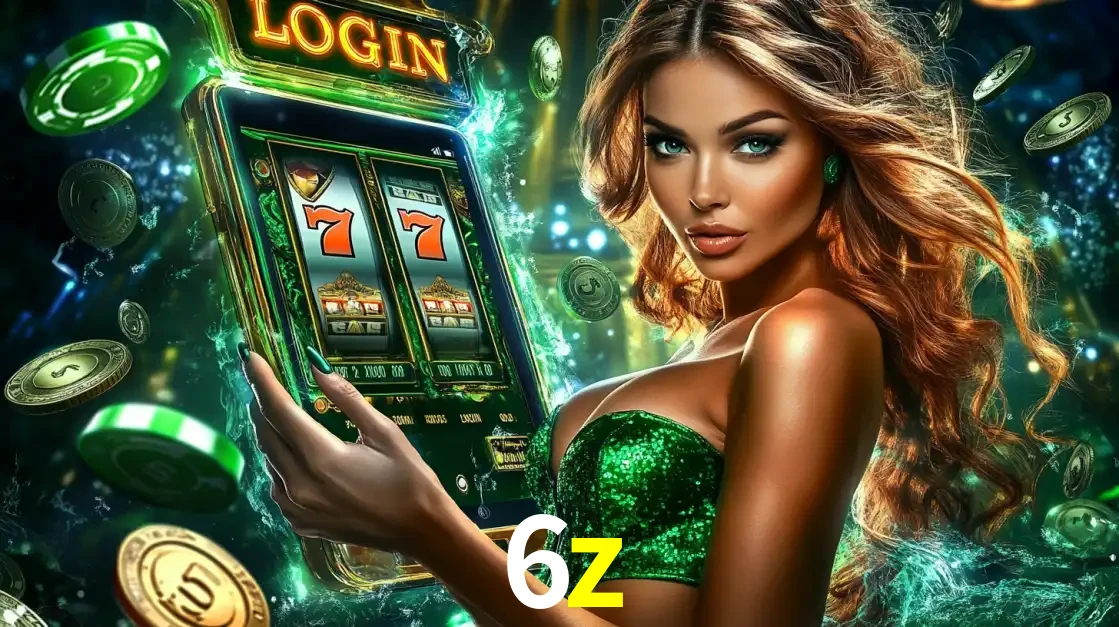 Mulher com tema verde apresentando o aplicativo do cassino 6z com um jogo de slot de 777, cercada por fichas de cassino e uma aura de sorte.