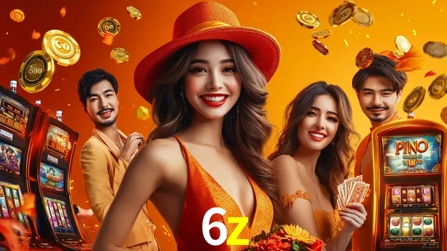 Grupo de amigos asiáticos sorrindo e se divertindo com máquinas de caça-níqueis em um ambiente festivo, celebrando suas vitórias nos jogos de cassino do 6z.