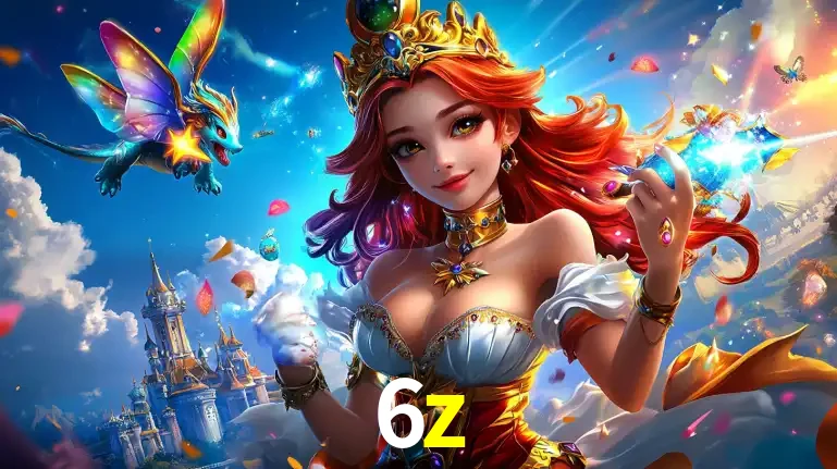 A princesa de um reino de fantasia mágico, com seu pequeno dragão, apresentando um mundo de prêmios encantados nos jogos de caça-níqueis do cassino 6z.