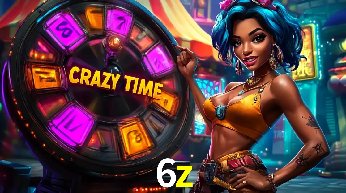Mulher estilizada com cabelo azul e visual vibrante posando ao lado da roda de prêmios do game show Crazy Time, convidando para a diversão e os bônus do cassino 6z.