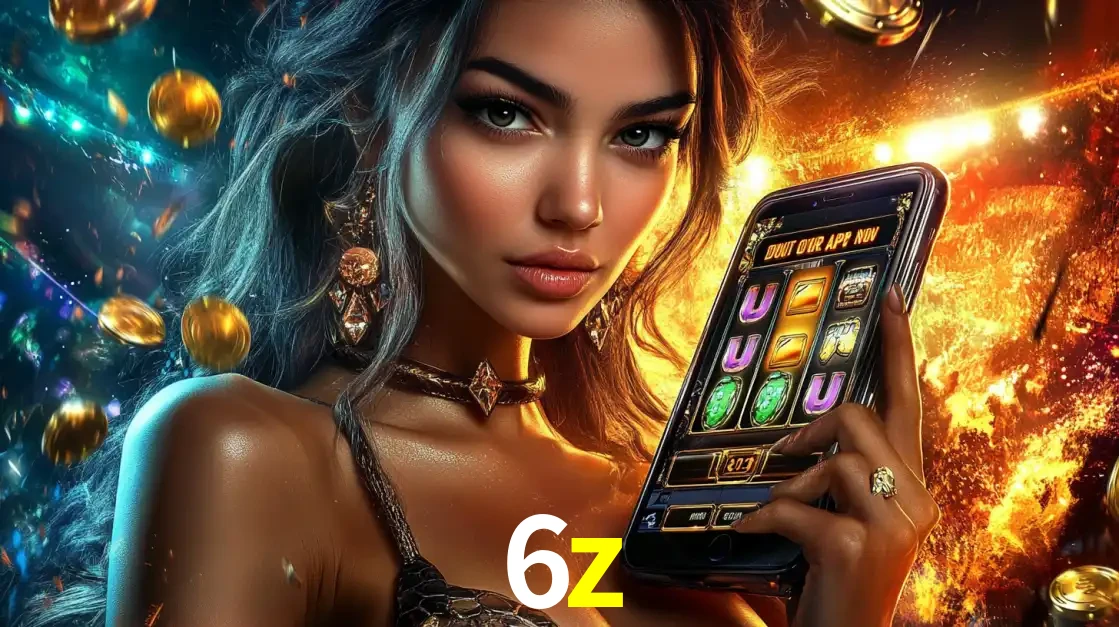 Mulher elegante mostrando um jogo de caça-níqueis em seu smartphone, destacando a experiência de cassino móvel oferecida pelo aplicativo 6z.